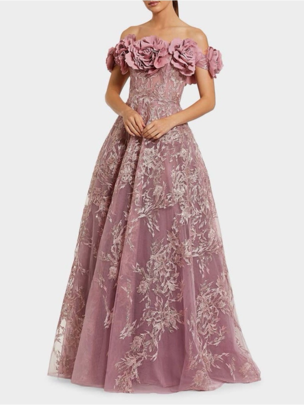 Mac Duggal Mauve One-Shoulder Floral Appliqué Ball Gown
